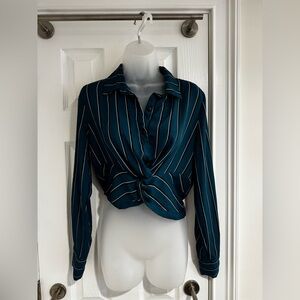 Active USA Teal & Black Striped Knot Front Long Sleeve Cropped Blouse (Size M)